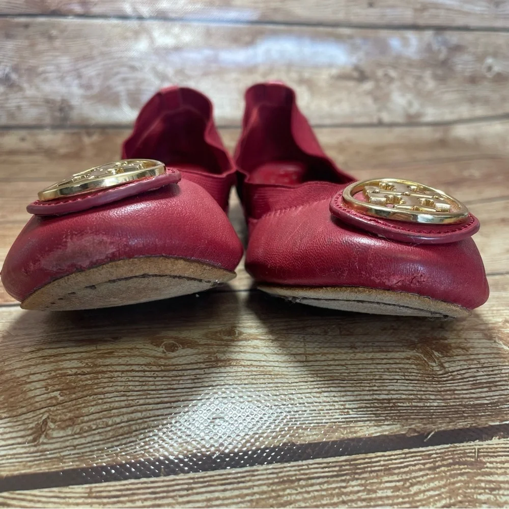 Tory Burch Caroline 2 Cabernet Leather Ballet Flats Gold Logo Women's Size 5 m - Picture 4 of 10